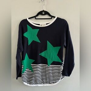 Christopher & Banks Navy Sweater with Green Stars and Stripes Petites Sz. Small